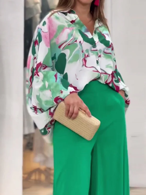 Original Contrast Color Blouse&Solid Wide Legs Pants 2 Pieces Set - Image 5