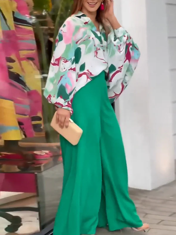 Original Contrast Color Blouse&Solid Wide Legs Pants 2 Pieces Set - Image 6