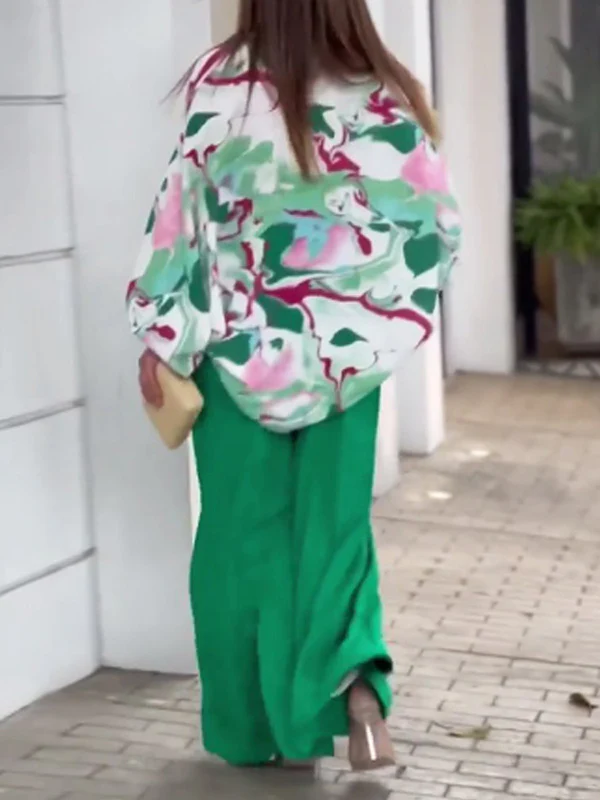 Original Contrast Color Blouse&Solid Wide Legs Pants 2 Pieces Set - Image 7