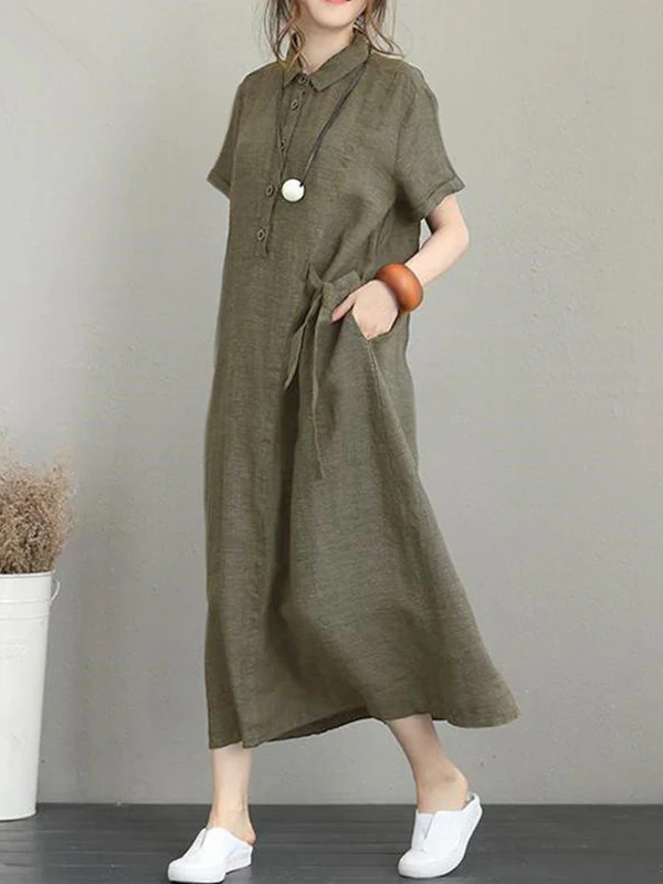Original Cotton-Blend Lapel Solid Color Dress - Image 2
