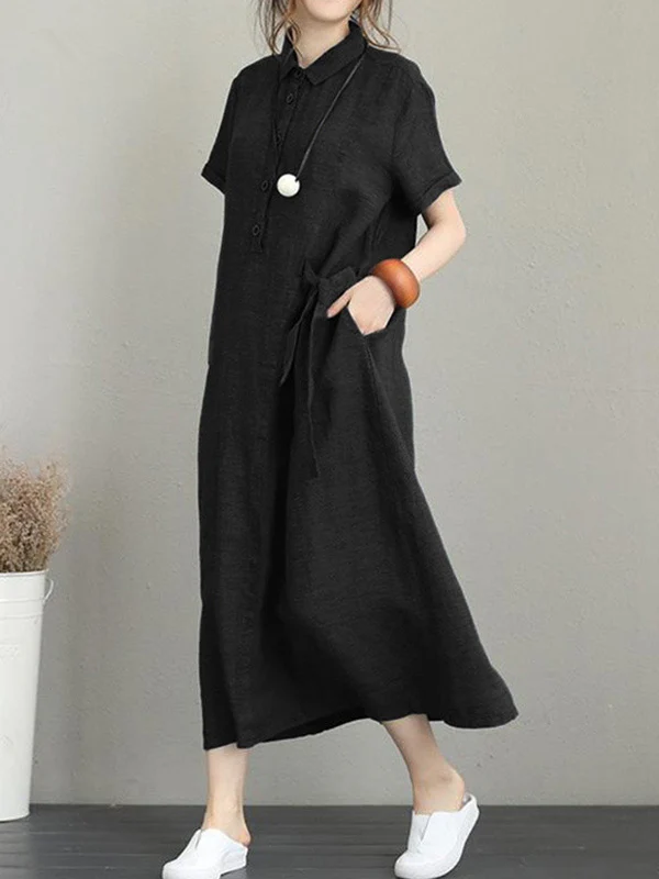 Original Cotton-Blend Lapel Solid Color Dress - Image 3