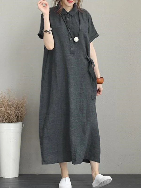Original Cotton-Blend Lapel Solid Color Dress - Image 4