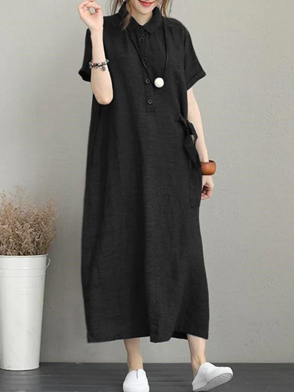 Original Cotton-Blend Lapel Solid Color Dress - Image 5