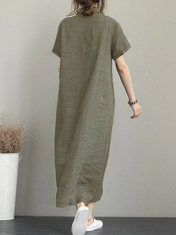 Original Cotton-Blend Lapel Solid Color Dress - Image 6