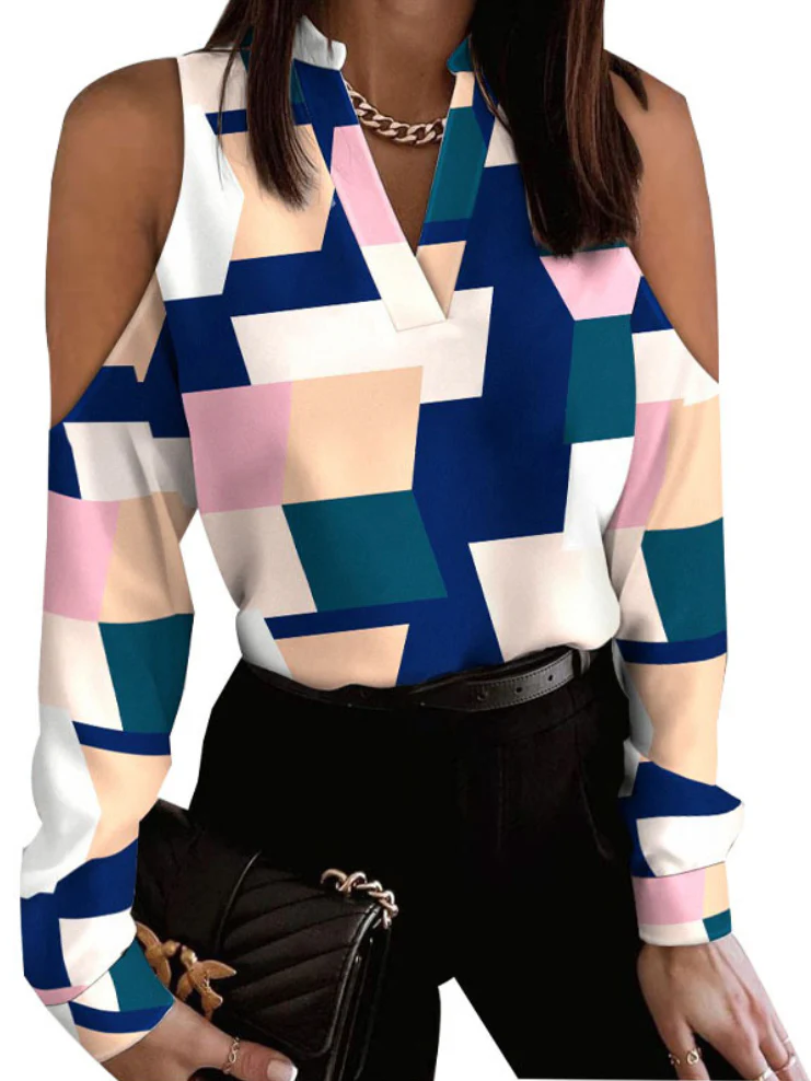 Original Creation Long Sleeves Loose Contrast Color Plaid Hollow V-Neck Blouses&Shirts Tops - Image 2
