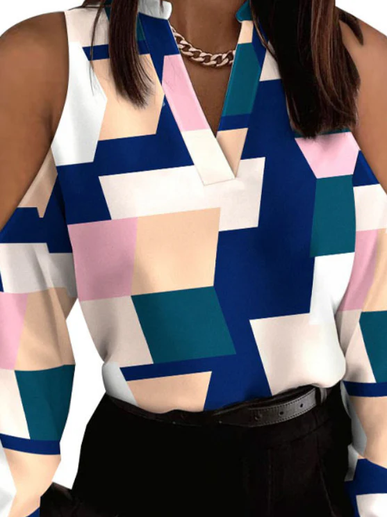 Original Creation Long Sleeves Loose Contrast Color Plaid Hollow V-Neck Blouses&Shirts Tops - Image 3