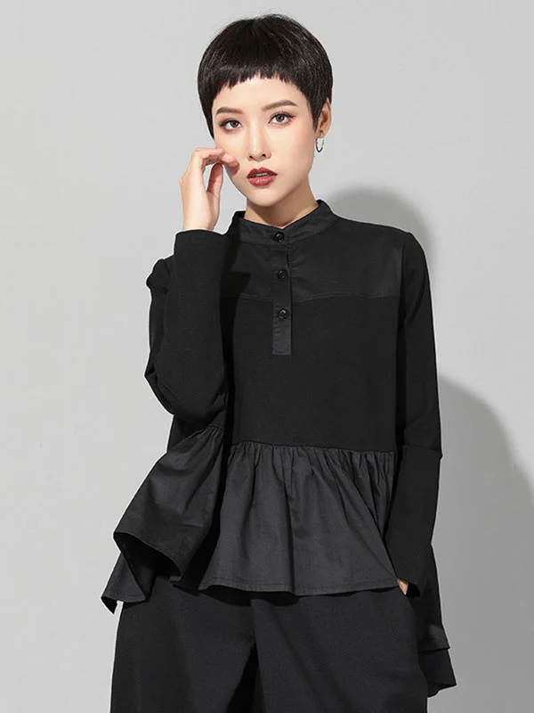 Original Creation Long Sleeves Loose Falbala Split-Joint Stand Collar T-Shirts Tops - Image 2