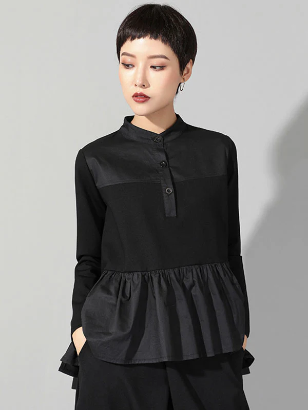 Original Creation Long Sleeves Loose Falbala Split-Joint Stand Collar T-Shirts Tops - Image 3