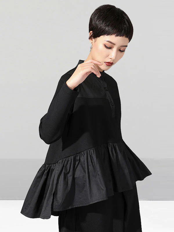 Original Creation Long Sleeves Loose Falbala Split-Joint Stand Collar T-Shirts Tops - Image 4