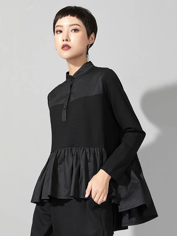 Original Creation Long Sleeves Loose Falbala Split-Joint Stand Collar T-Shirts Tops - Image 5