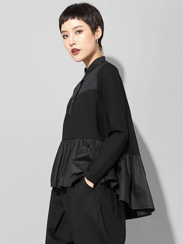 Original Creation Long Sleeves Loose Falbala Split-Joint Stand Collar T-Shirts Tops - Image 6