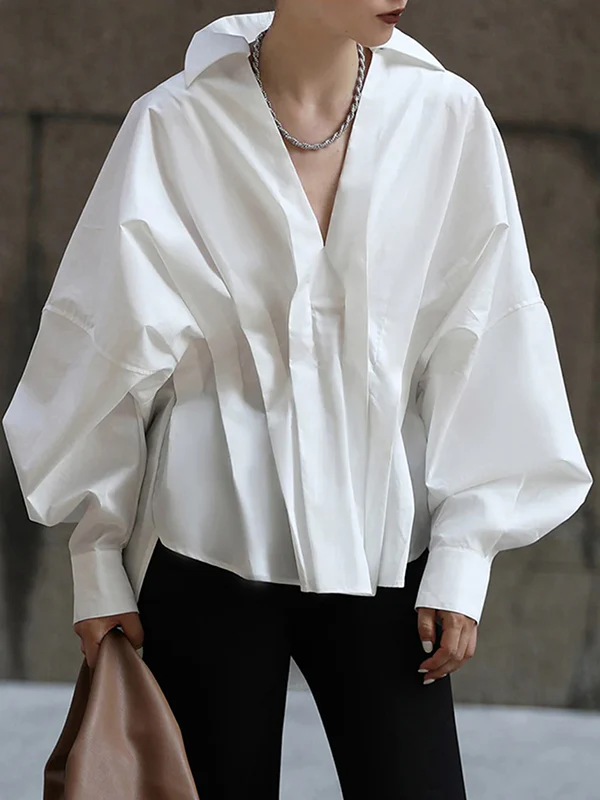 Original Creation Long Sleeves Loose Pleated Solid Color Lapel Collar Blouses&Shirts Tops - Image 2