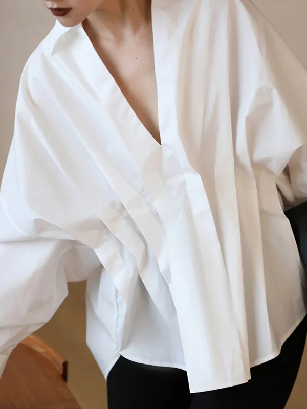 Original Creation Long Sleeves Loose Pleated Solid Color Lapel Collar Blouses&Shirts Tops - Image 3