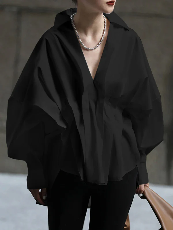 Original Creation Long Sleeves Loose Pleated Solid Color Lapel Collar Blouses&Shirts Tops - Image 4