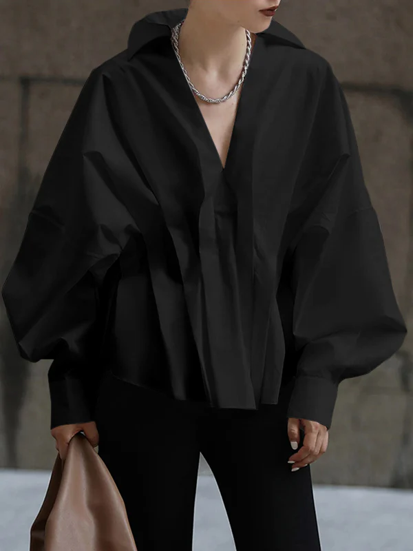 Original Creation Long Sleeves Loose Pleated Solid Color Lapel Collar Blouses&Shirts Tops - Image 5