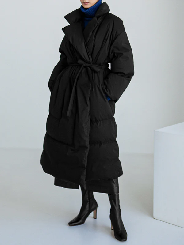 Original Creation Long Sleeves Loose Tied Solid Color High-Neck Padded Coat - Image 2