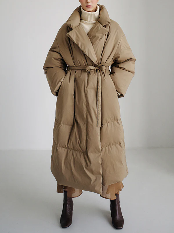 Original Creation Long Sleeves Loose Tied Solid Color High-Neck Padded Coat - Image 3