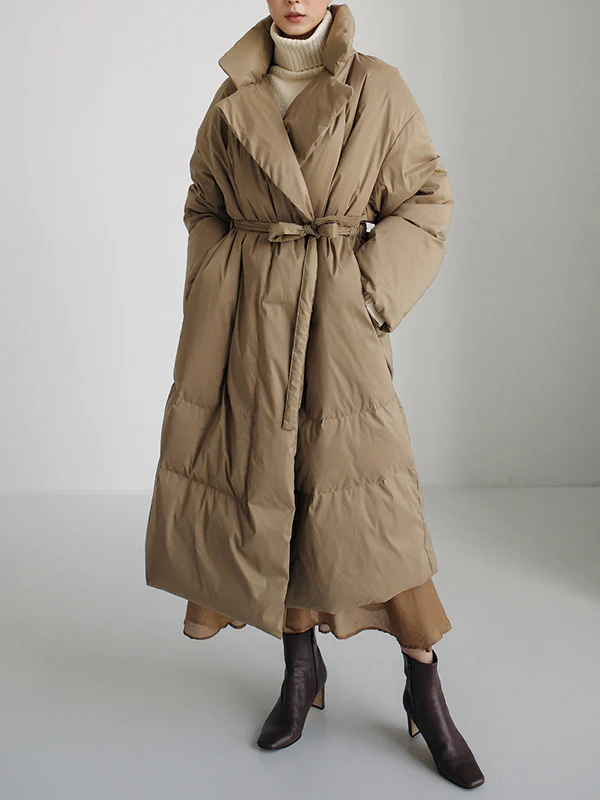 Original Creation Long Sleeves Loose Tied Solid Color High-Neck Padded Coat - Image 4