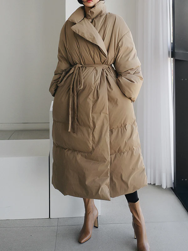 Original Creation Long Sleeves Loose Tied Solid Color High-Neck Padded Coat - Image 5