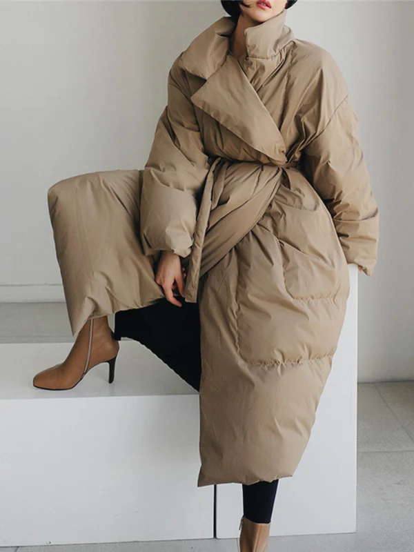 Original Creation Long Sleeves Loose Tied Solid Color High-Neck Padded Coat - Image 6