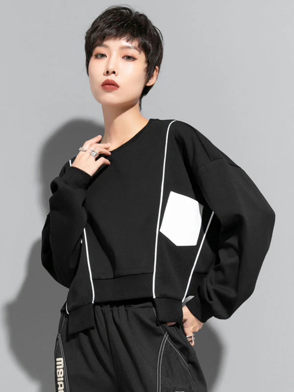 Original Creation Loose Batwing Sleeves Contrast Color Split-Joint Round-Neck Sweatshirt Tops - Image 2