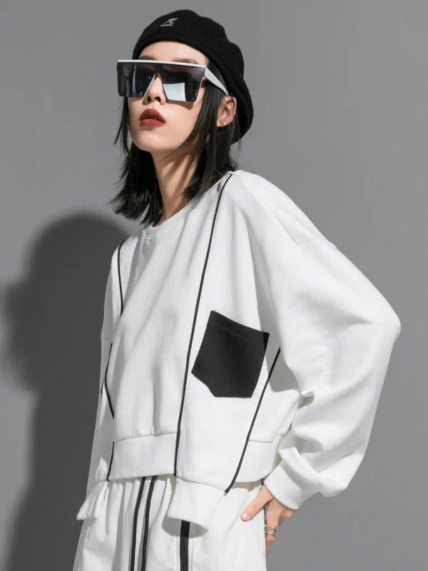 Original Creation Loose Batwing Sleeves Contrast Color Split-Joint Round-Neck Sweatshirt Tops - Image 3