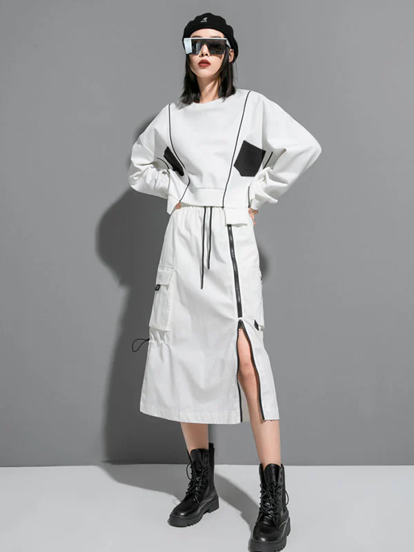 Original Creation Loose Batwing Sleeves Contrast Color Split-Joint Round-Neck Sweatshirt Tops - Image 5