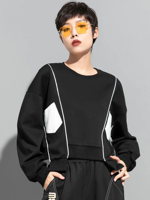 Original Creation Loose Batwing Sleeves Contrast Color Split-Joint Round-Neck Sweatshirt Tops - Image 6