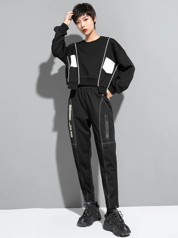 Original Creation Loose Batwing Sleeves Contrast Color Split-Joint Round-Neck Sweatshirt Tops - Image 9
