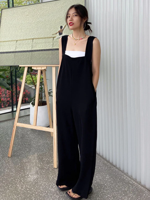Original Creation Sleeveless Loose Solid Color Square-Neck Overalls - Image 3