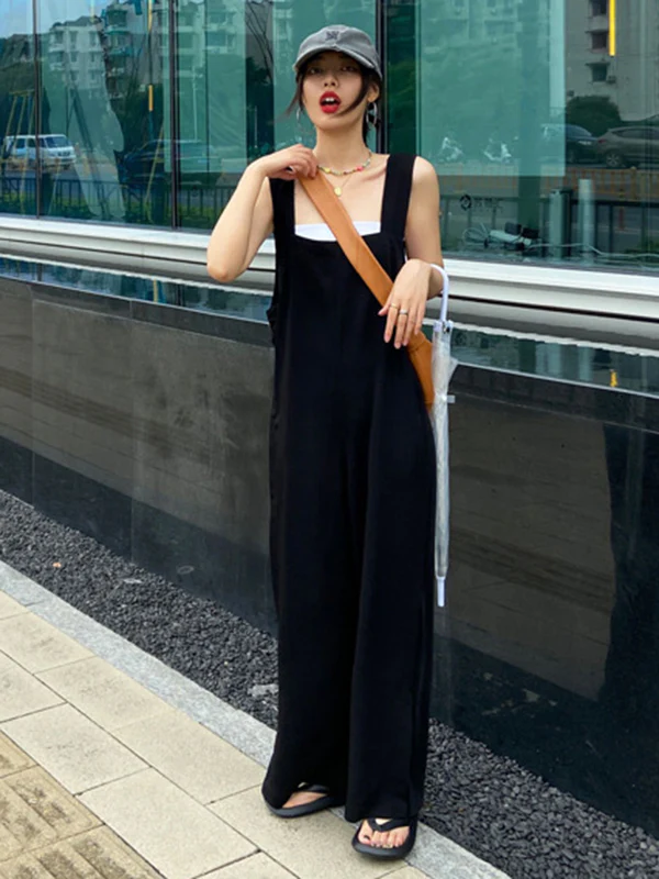 Original Creation Sleeveless Loose Solid Color Square-Neck Overalls - Image 4