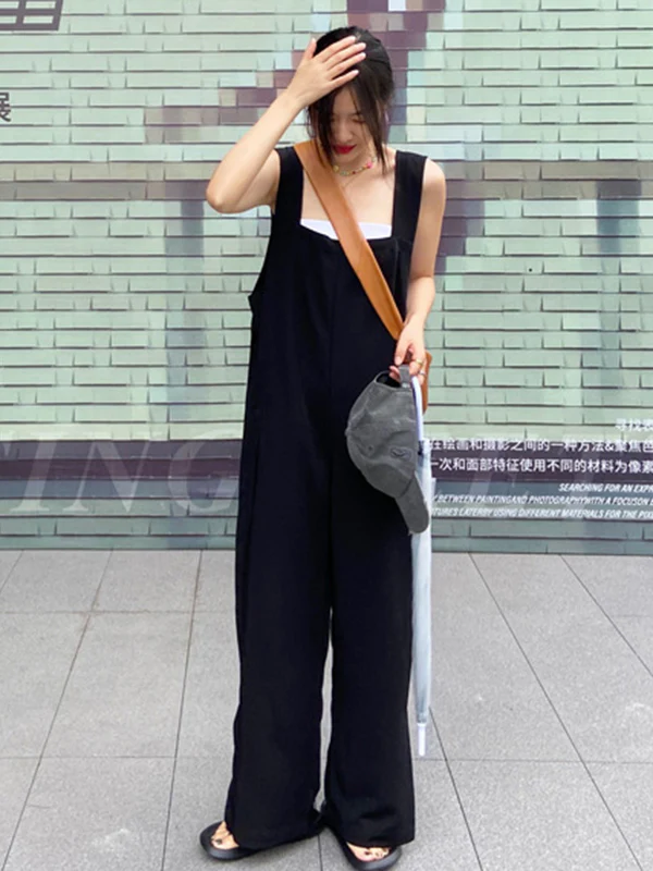 Original Creation Sleeveless Loose Solid Color Square-Neck Overalls - Image 5