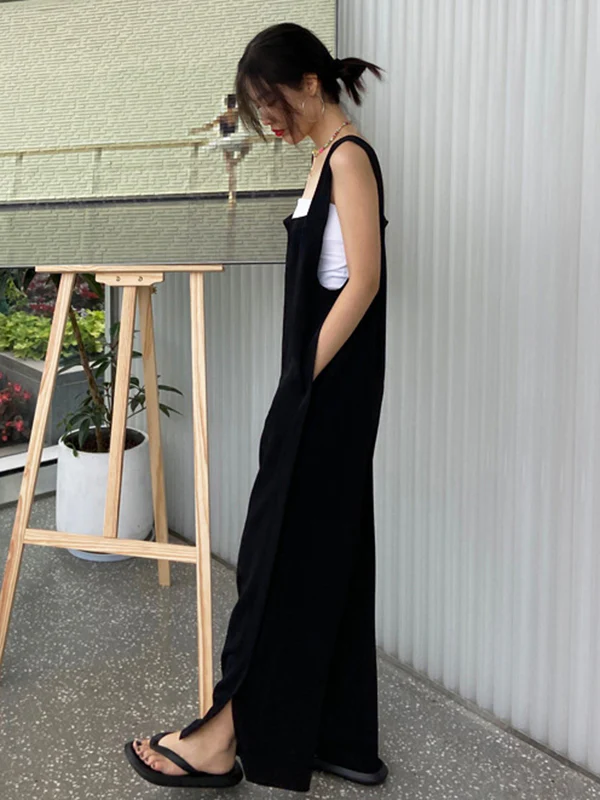 Original Creation Sleeveless Loose Solid Color Square-Neck Overalls - Image 8