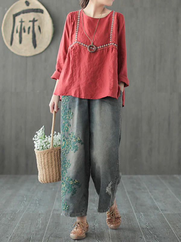 Original Embroidered Wide-Leg Column Jean Pants - Image 5
