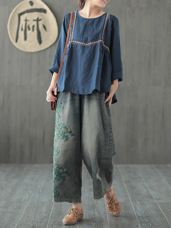 Original Embroidered Wide-Leg Column Jean Pants - Image 7