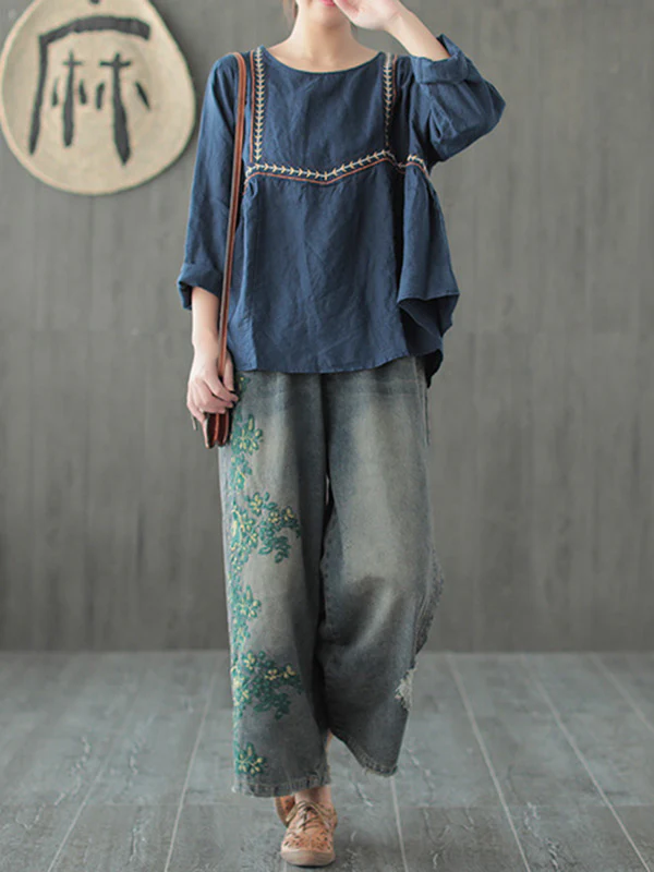 Original Embroidered Wide-Leg Column Jean Pants - Image 8