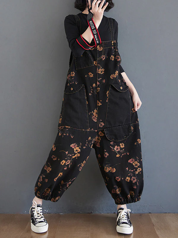 Original Floral With Pocket Harem Denim Overalls - Image 2