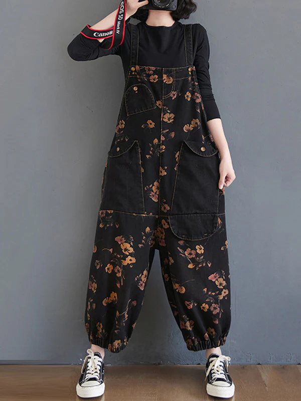 Original Floral With Pocket Harem Denim Overalls - Image 3