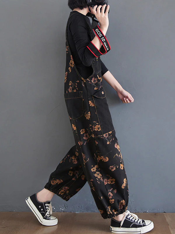 Original Floral With Pocket Harem Denim Overalls - Image 4