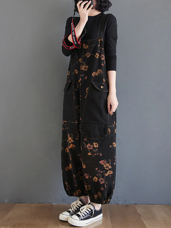 Original Floral With Pocket Harem Denim Overalls - Image 5