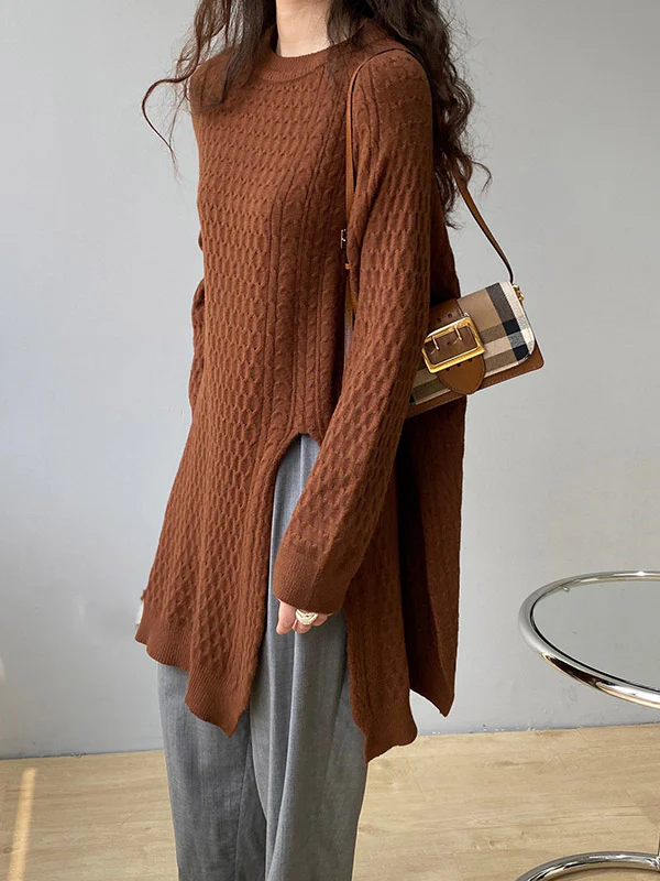 Original Irregular 5 Colors Split-Side Round-Neck Long Sleeves Sweater Top - Image 11