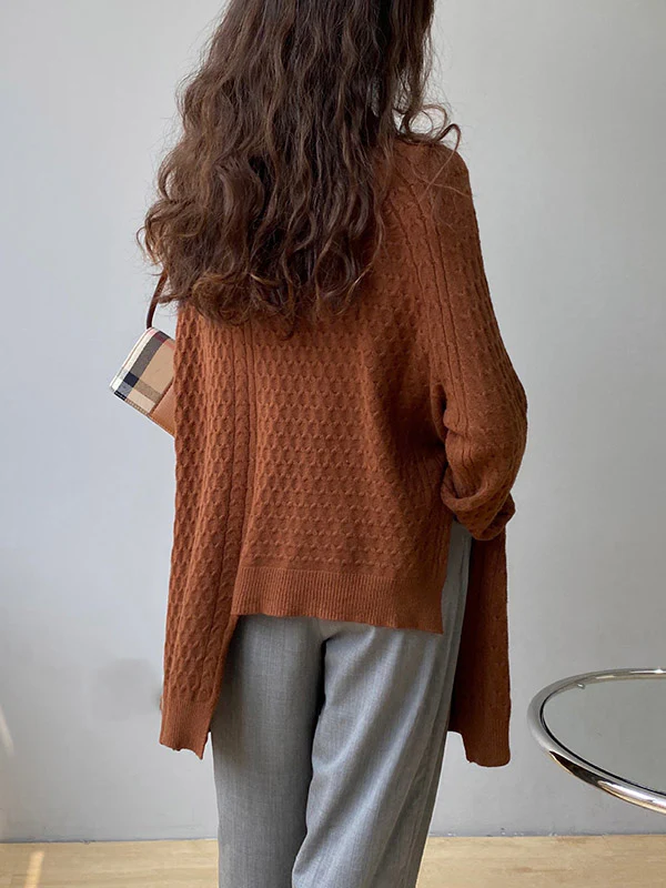 Original Irregular 5 Colors Split-Side Round-Neck Long Sleeves Sweater Top - Image 12
