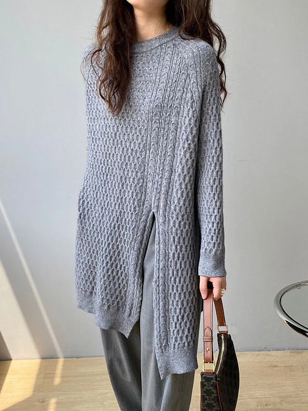 Original Irregular 5 Colors Split-Side Round-Neck Long Sleeves Sweater Top - Image 14