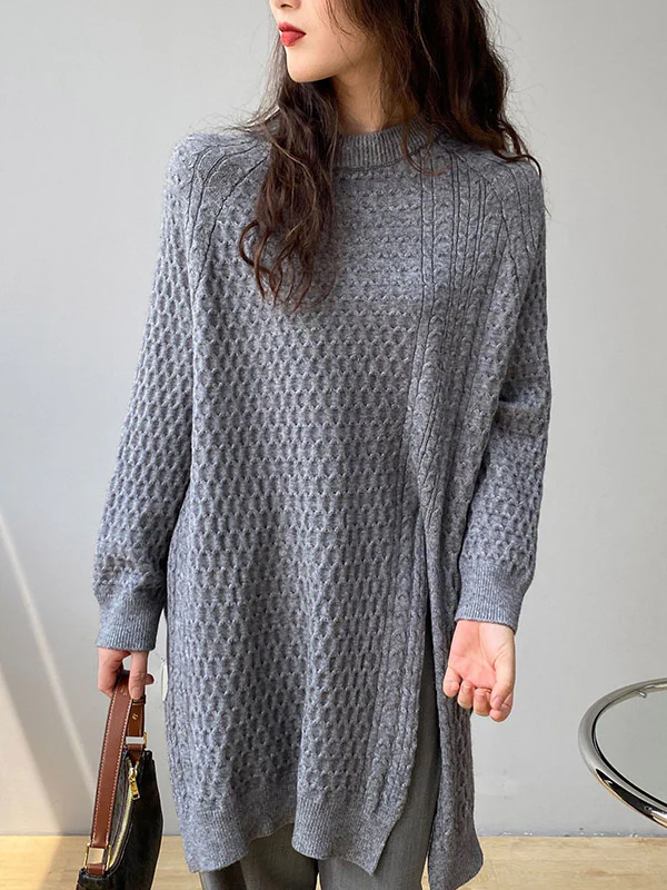 Original Irregular 5 Colors Split-Side Round-Neck Long Sleeves Sweater Top - Image 15
