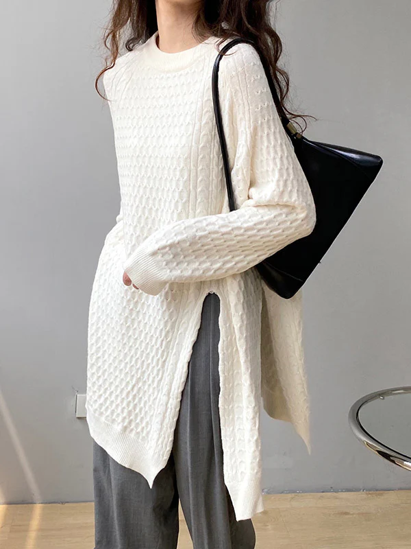 Original Irregular 5 Colors Split-Side Round-Neck Long Sleeves Sweater Top - Image 2
