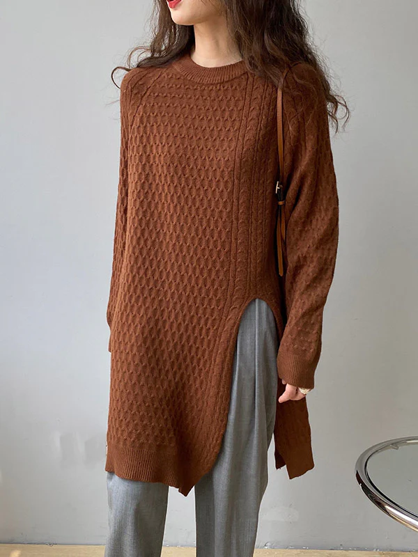 Original Irregular 5 Colors Split-Side Round-Neck Long Sleeves Sweater Top - Image 3