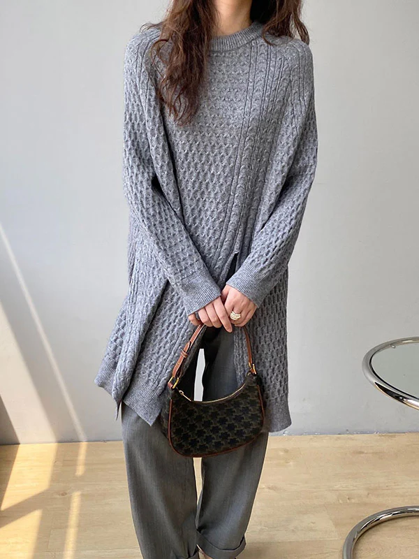 Original Irregular 5 Colors Split-Side Round-Neck Long Sleeves Sweater Top - Image 4