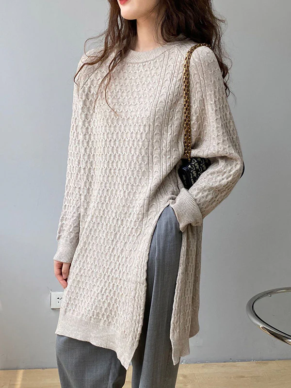 Original Irregular 5 Colors Split-Side Round-Neck Long Sleeves Sweater Top - Image 6