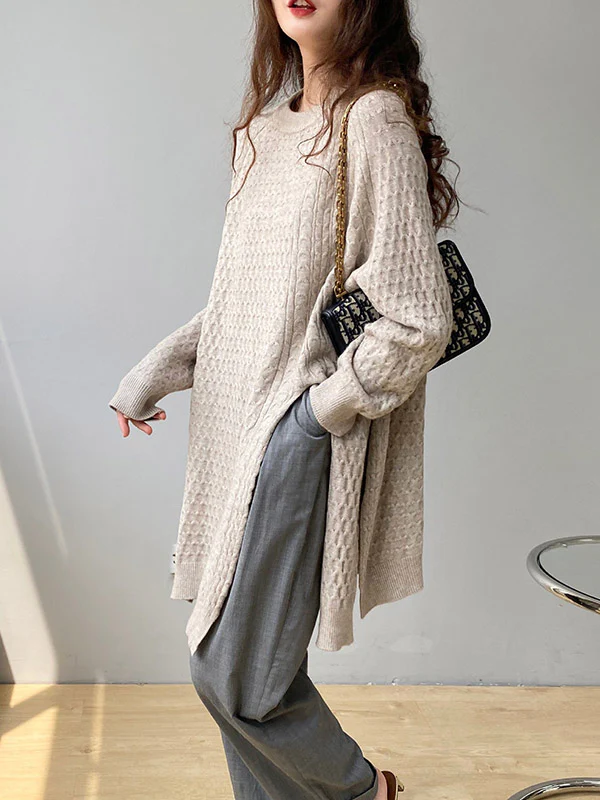 Original Irregular 5 Colors Split-Side Round-Neck Long Sleeves Sweater Top - Image 7