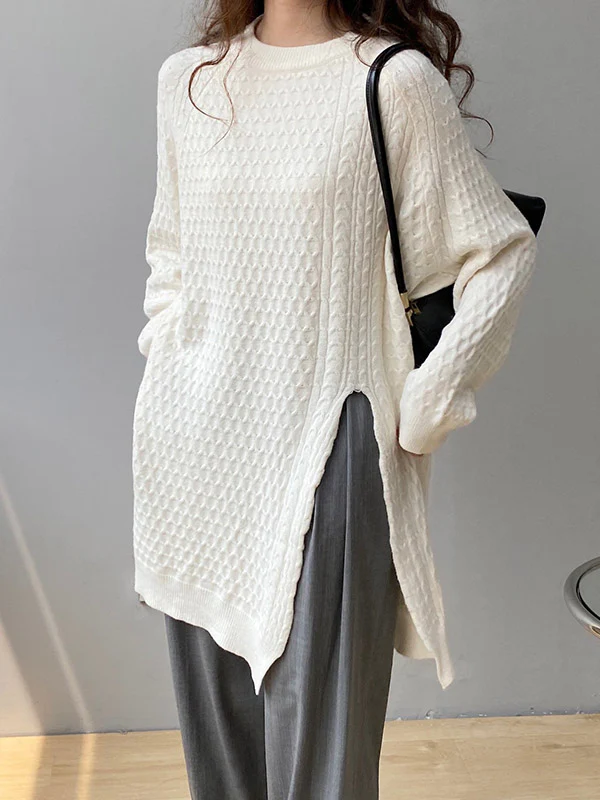 Original Irregular 5 Colors Split-Side Round-Neck Long Sleeves Sweater Top - Image 8